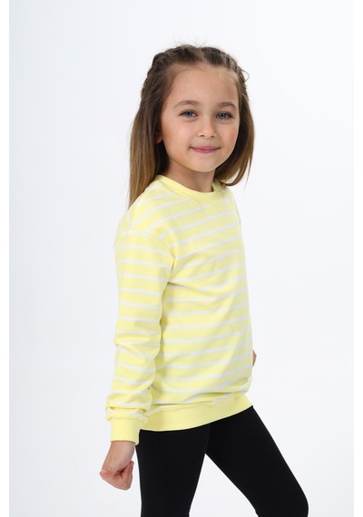 Kız Çocuk Regular Fit Bisiklet Yaka Düşük Omuz Çizgili Sweatshirt - 2 İplik Açık Sarı