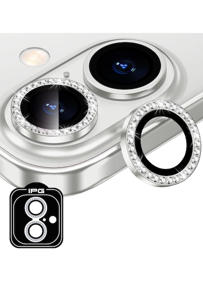 Apple Uyumlu iPhone 16 / 16 Plus İçin Ipg Kamera Lens Koruyucu - Taşlı - Gümüş