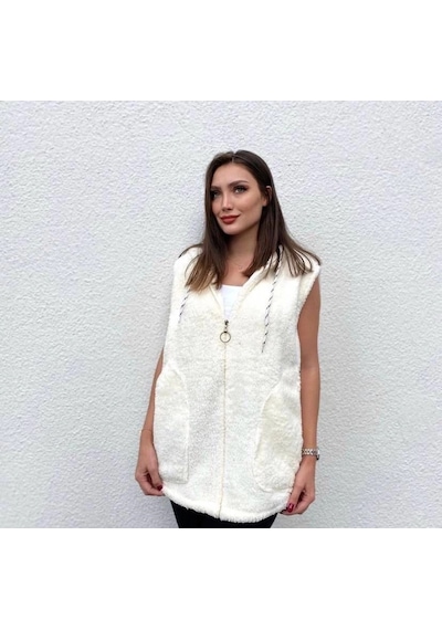 Femina Trendy Kadın Kapüşon Ve Fermuar Detay Welsoft Kolsuz Yelek Beyaz