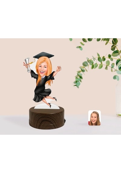 Kişiye Özel Kadın Mezun Karikatürlü Dekoratif 3D Biblo Led Işıklı