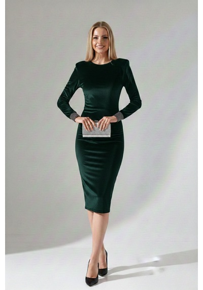 Defymoda Kadın Modern Vatkalı Midi Elbise Yeşil