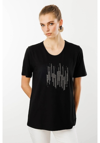Desen Triko Sıfır Yaka Taş Baskılı Penye Kadın T-shirt 25769 Siyah