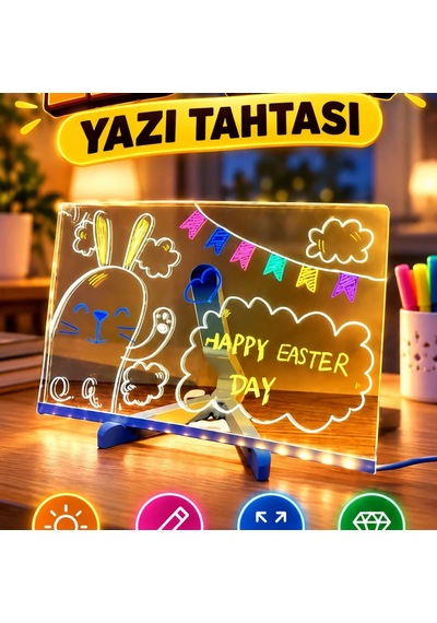 Led Işıklı Şeffaf Akrilik Yazı Tahtası 30x20 Cm Neon Efektli Pano, Silinebilir Yüzey Ve 7 Renk Kal