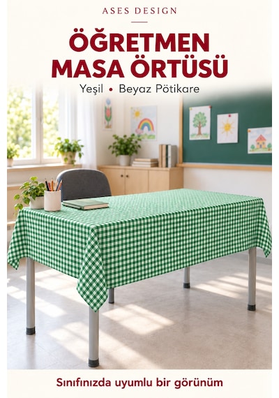 Yeşil Beyaz 5'li Lastikli Sıra Örtüsü, 100x140 Cm Öğretmen Masa Örtüsü Hediye