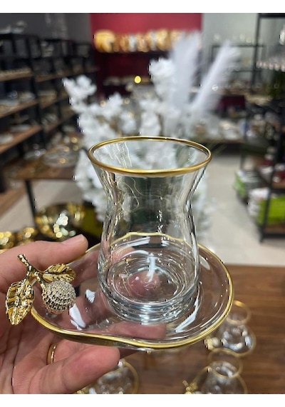 Alfafe Home Özel Seri 6'lı Çay Seti , Çay Takımı , Hediyelik , Çeyizlik Şeffaf Altın