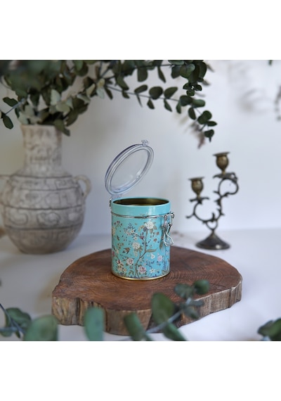 Botanica Blue Desenli Kilitli Kapaklı Yuvarlak Metal Kutu, 9 X 11 Cm, 0.6 Lt
