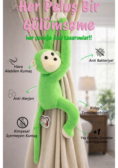 Maymun Yapışkanlı Vikvik Sesli 60cm - Maymun Peluş Oyuncak Açık Yeşil
