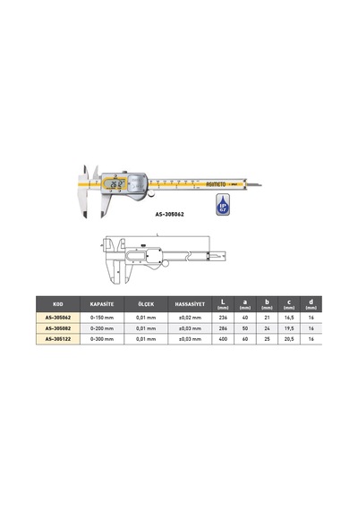 Asimeto Profesyonel Dijital Kumpas Metal Kasa Su Geçirmez 0,01-200 Mm