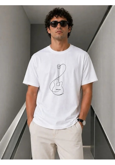 Veraura Lifestyle Erkek Minimal Gitar Baskılı Tişört T-shirt Yazlık Kısa Kol Bisiklet Yaka T-shirt - Beyaz