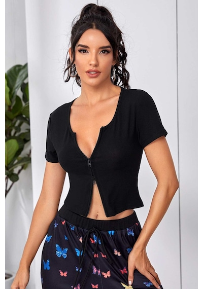 Angbutik Kadın Siyah Çift Fermuarlı Yarım Kol Crop Top Bluz