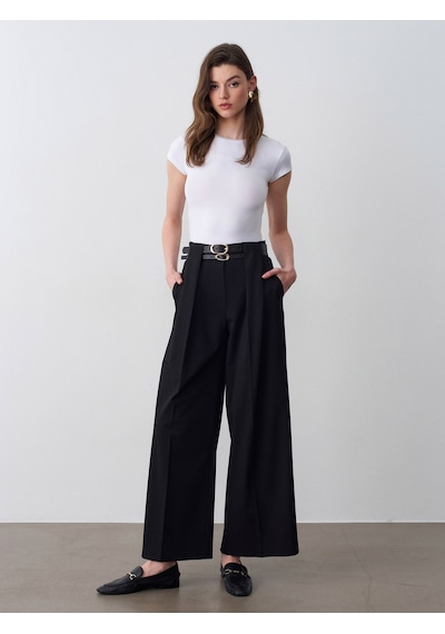 Dilvin 72670 Çift Kemerli Pileli Pantolon-siyah