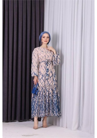 Neşeli Butik Kadın Şifon Eteği Fırfırlı Desenli Tesettür Elbise Sms008 Mavi