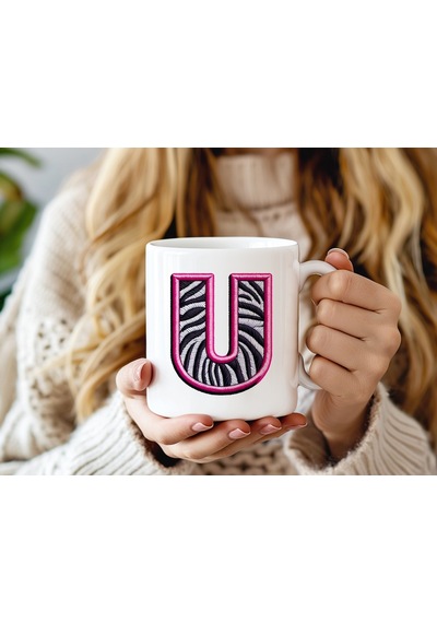 U Harfi Zebra Deseni Ve Pembe Kenarlı Kupa Bardak - Kişiye Özel Nakış Efektli - Siyah Beyaz Pembe Beyaz