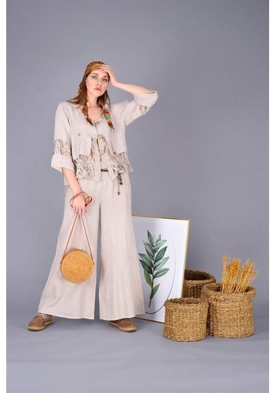 Eren Style İtalyan Korsajlı Tokalı Kemerli Bol Paçalı Keten Pantolon-9887 Krem