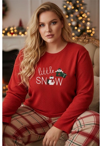 Siyah İnci Nakışlı Büyük Beden Polar Kışlık Örme Pijama Takım 25222579 Kırmızı