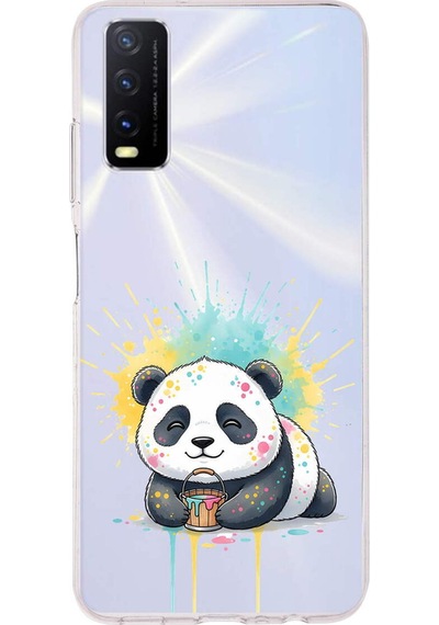 Vivo Y20s İle Uyumlu Splash Panda Tasarımlı Şeffaf Silikon Kılıf Şeffaf