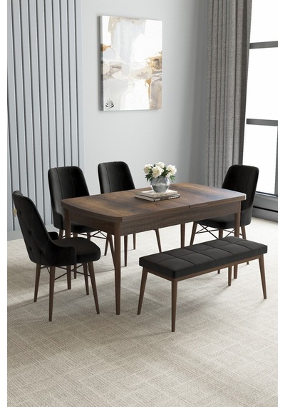 Loft Barok Desen 80x132 Açılabilir Mdf Masa Yemek Odası Takımı, Mutfak Takımı 4 Sandalye, 1 Bench Siyah Loft Barok Desen 80x132 Açılabilir Mdf Masa Yemek Odası Takımı, Mutfak Takımı 4 Sandalye, 1 Bench Siyah