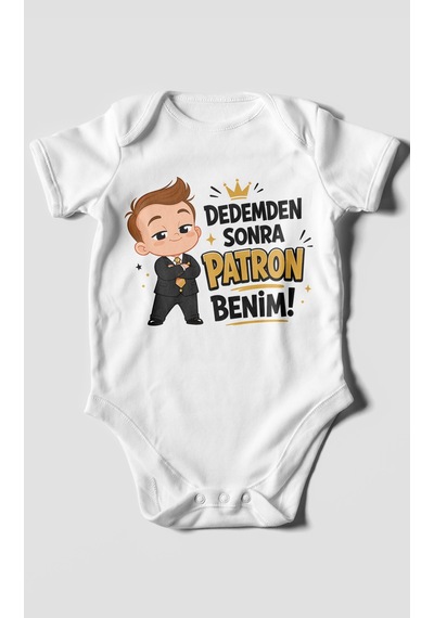 Morivokids Dedemden Sonra Patron Benim Kısa Kollu Bebek Body %100 Pamuk Beyaz