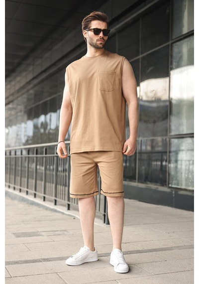 Madmext Kapuçino Bisiklet Yaka Kolsuz Erkek Şort T-shirt Takım E7351 Kapuçino