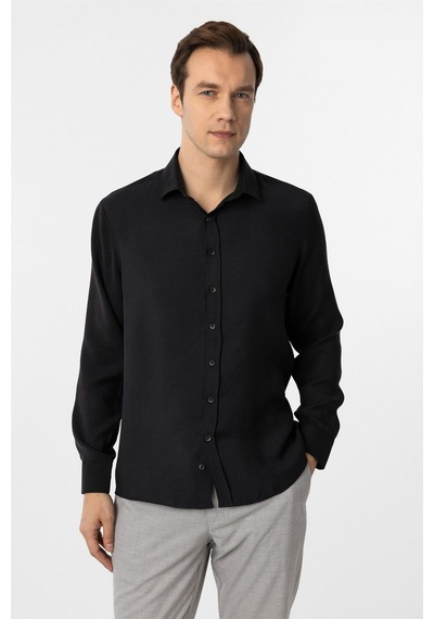 Süvari Siyah Slim Fit Düz Klasik Yaka Gömlek-34097 Siyah