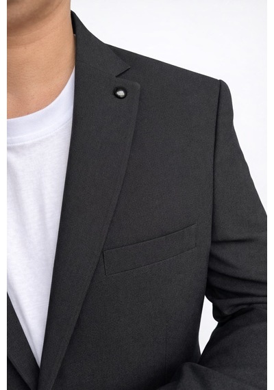 Erkek Gofre Desenli Takım Elbise Bağcıklı Pantolon Duble Paça Tek Düğme Modern Slim Fit Siyah