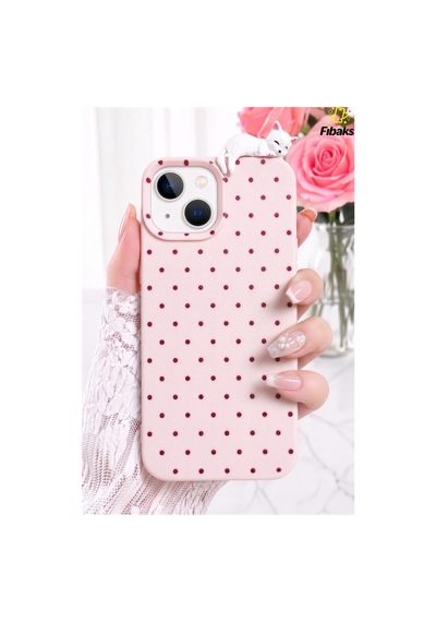 Fibaks iPhone 13/14/15 Uyumlu Kılıf 3d Kedi Pembe Puantiye Noktalı Figürlü Kamera Korumalı Silikon