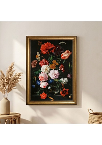 Vintage Gold Çerçeveli Barok Vazoda Çiçek Natürmort Kanvas Tablo Salon Duvar Dekoru 60x80 Cm