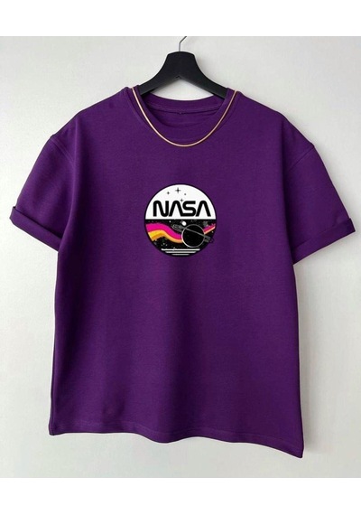 Flood Of Style Erkek Mor Nasa Oversize Bisiklet Yaka Tshirt
