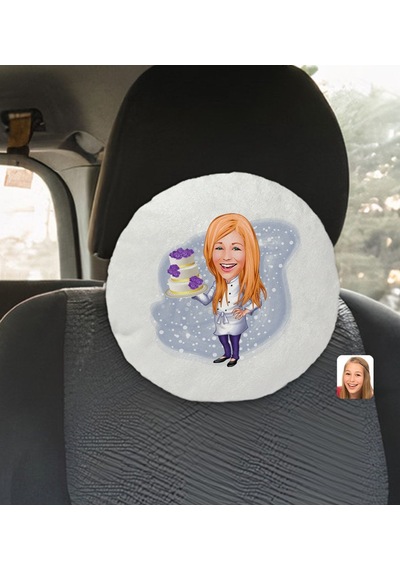 Bk Gift Kişiye Özel Kadın Chef Karikatürlü Yuvarlak Araç Koltuk Yastığı-2 Beyaz
