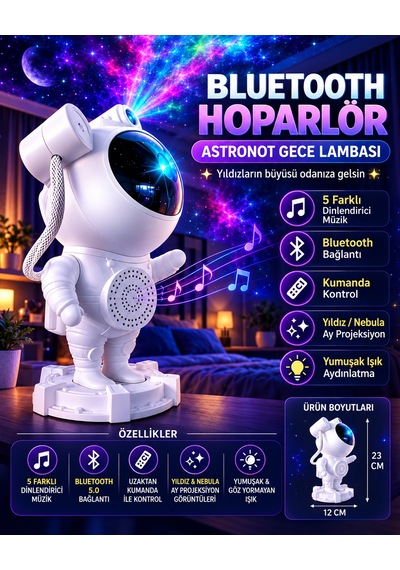 Astronot Yıldızlı Gökyüzü Projeksiyon Lambası Hoparlörlü Renkli Led Gece Lambası Dekoratif Işık Kumandalı Beyaz