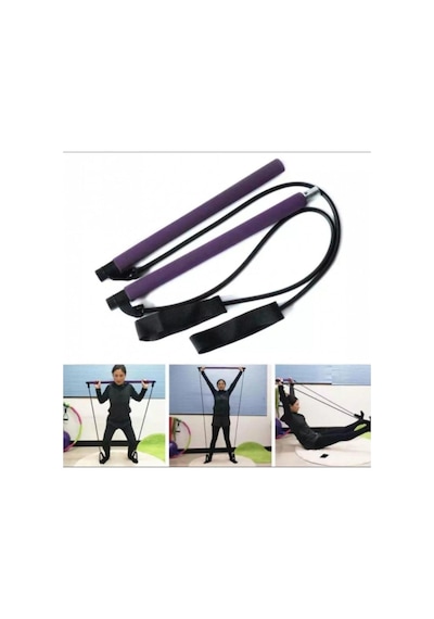 Leyaton Portable Pilates Studio Jimnastik Çubuğu, 90 Cm, 2 Direnç Lastiği, Mor Çok Renkli