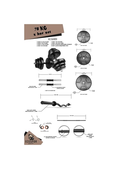Spor Hero Serisi 78 Kg Z Bar Dambıl Seti Ve Fitness Ağırlık Seti