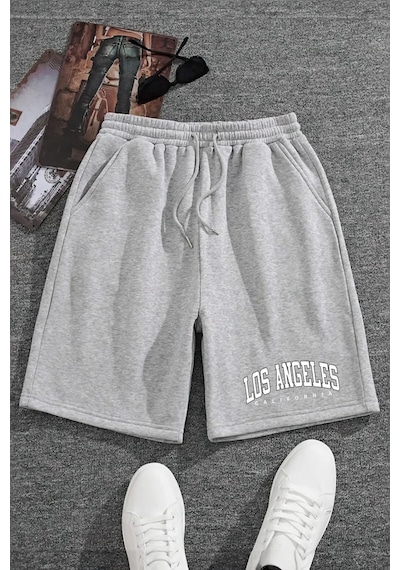Harmandar Los Angeles California Baskılı Gri Tekli Cepli Kadın/erkek Unisex Şort Gri