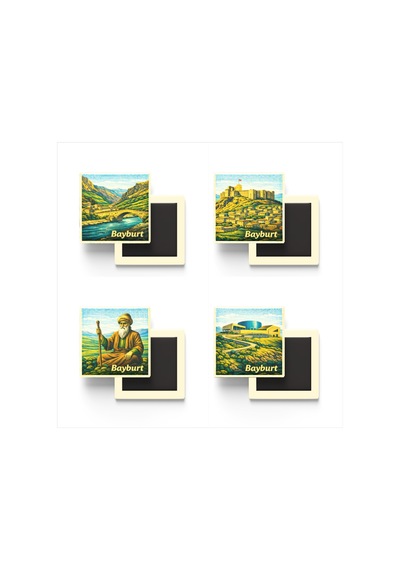Bayburt - 4'lü Memleket Seti - Baskılı Buzdolap Magneti Kare - 9x9 Cm - 4 Adet