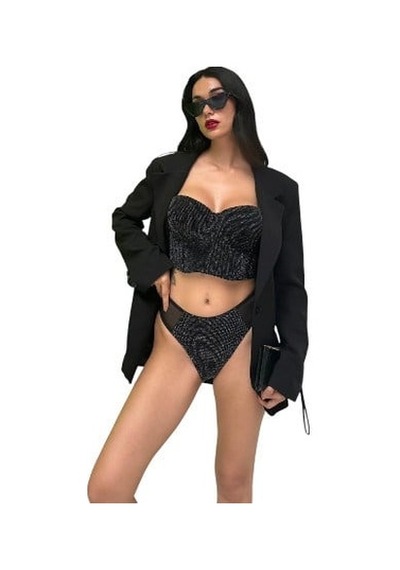 Onsekiz18shop Destekli Pırıltılı Taşlı Siyah Büstiyer Takım