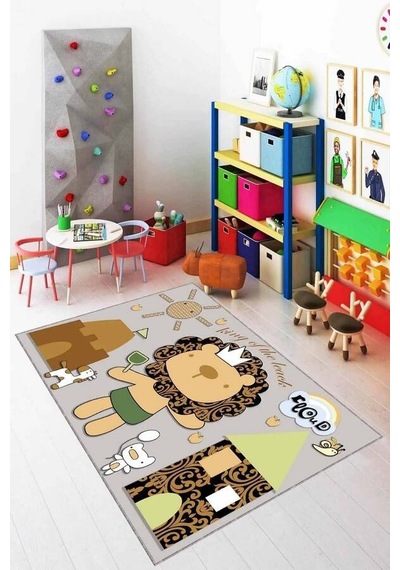 Bej Kaymaz Tabanlı Yıkanabilir Aslanlı Çocuk Halısı Kd033n11