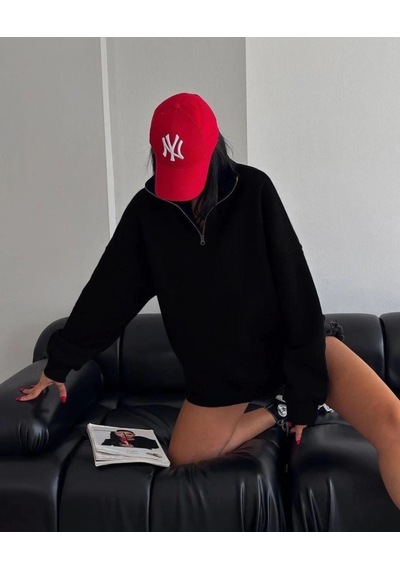 Vexor Yarım Fermuarlı Üç İplik Sweatshirt - Siyah
