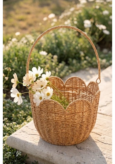Rattan Hasır Dekoratif Kulplu Organizer Sepet - M-1687