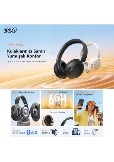 H2s Lite 6.0 Bluetooth Kulaklık Enc Net Çağrı - Çift Cihaz 40 Mm Dinamik Sürücü - 60 Saat Dinle Beyaz 50 x 22