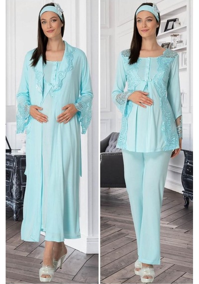 Mecit Pijama Mecit 5355 Bayan Hamile Lohusa Turkuaz Sabahlık Gecelik Pijama