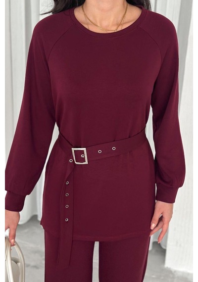 Ded Collectıon Kadın Modal Kumaş Kemer Detaylı Uzun Kollu Tunik Bol Paça Pantolon Takım Bordo Ded Collectıon Kadın Modal Kumaş Kemer Detaylı Uzun Kollu Tunik Bol Paça Pantolon Takım Bordo