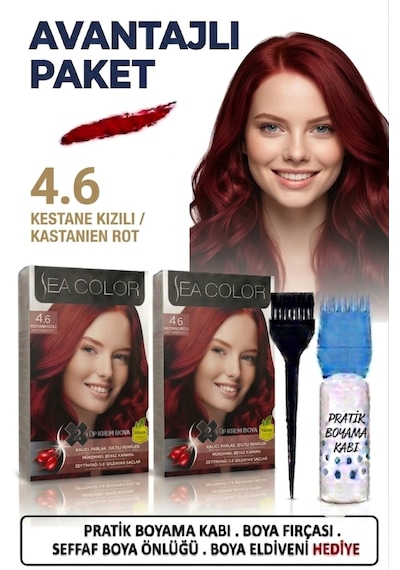 Sea Color Set Saç Boyası 4.6 Kestane Kızılı 2 Li 2 Kutu+pratik Boya Kabı