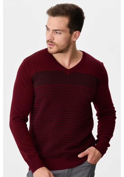 Desen Triko Erkek Desenli V Yaka Yün Kazak 0249640 Bordo Bordo