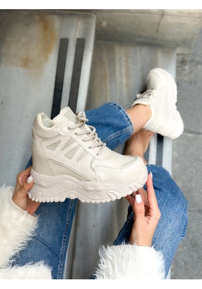Erva'nın Butiği Bej Cilt Celly Gizli Topuk Dolgu Topuk 7 Cm Boy Uzatan Sneakers-6475