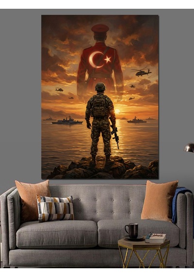 Türk Bayrağı Önünde Nöbetçi Mehmetçik Dekoratif Kanvas - Mdf Ahşap Tablo