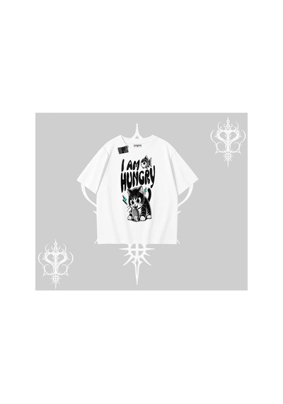 Tarzsokak Am Hungry Kedi Baskılı Oversize Tshirt Beyaz