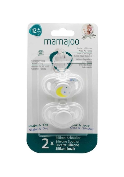 Mamajoo Ortodontik Emzik Seti 12 Ay+ Beyaz & Gece - Gündüz 2'li Silikon - Damaklı Sterilizasyon + Saklama Kabı