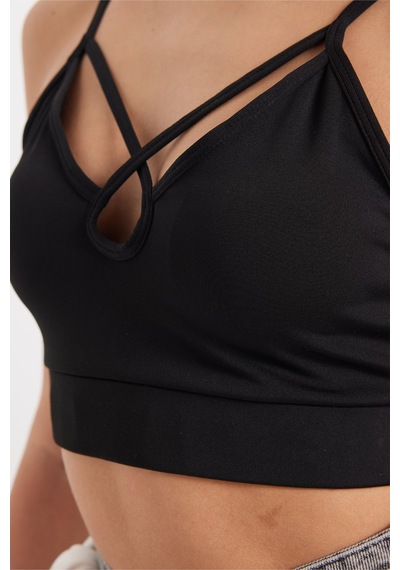 Tudors Kadın Slim Fit Dar Kesim Çapraz Bağlamalı Askılı V Yaka Siyah Crop -51182