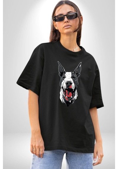 Doberman Kırmızı Dil Siyah Dik Kulak Pamuklu Bisiklet Yaka Kadın Erkek Oversize Boyfriend Dijital Baskılı Siyah T-shirt Siyah