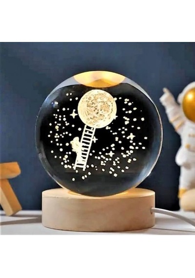 Kristal Cam Küre Led Işıklı Usb Kablolu Ahşap Stantlı Gece Lambası Dekoratif Hediyelik Astronot